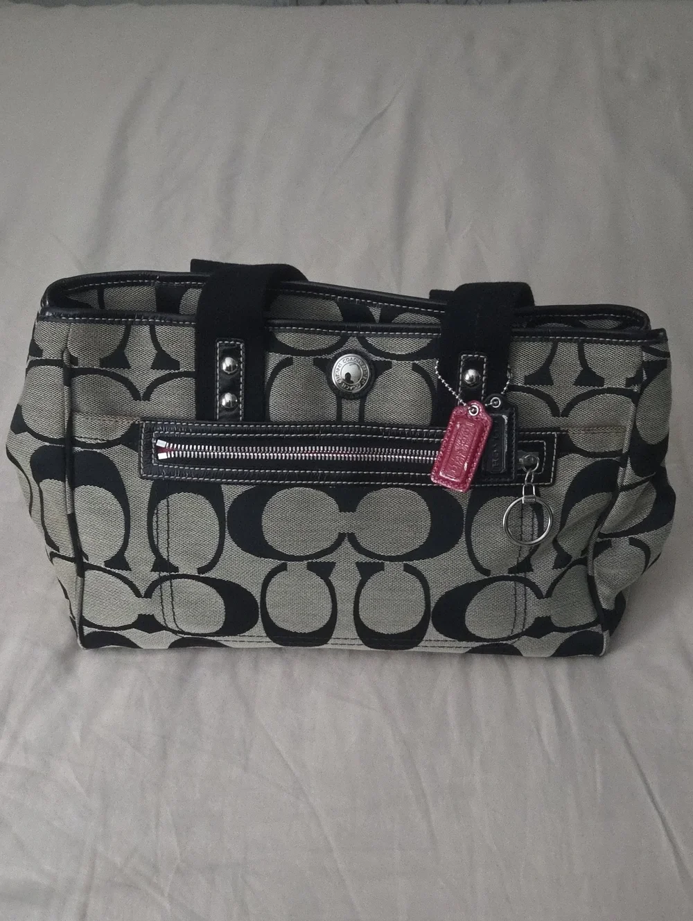 Coach Black and Khaki Signature Canvas Tote with Pink Charm